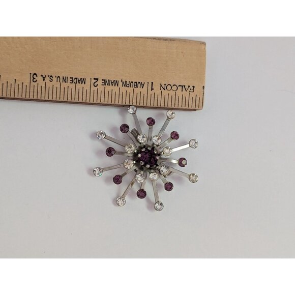 Vintage Atomic Starburst Rhinestone Brooch With Purple & Clear Stones Pinback - Picture 5 of 5